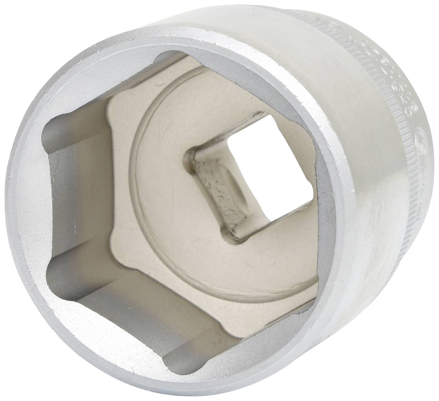 A silver socket wrench insert with a hexagonal opening, suitable for tightening or loosening screws and nuts.