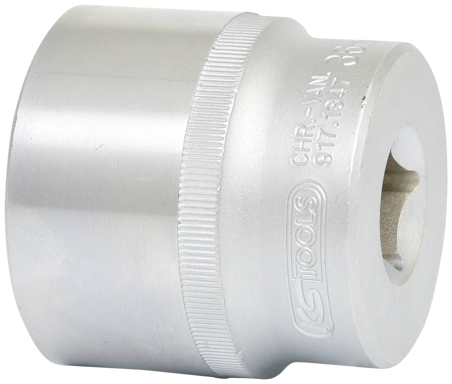 Metal screwdriver tool, cylindrical, silver, with serrated edge at the wider end and square drive for screwdriver bits.