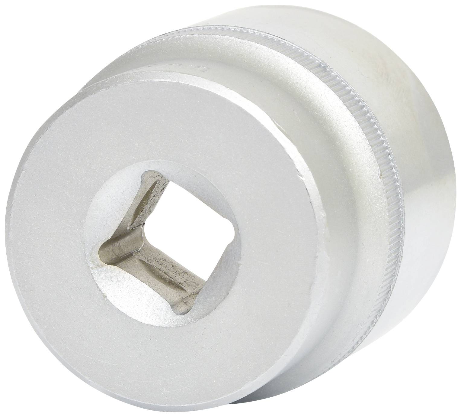 Round, silver metal adapter with a square opening in the centre, likely for mechanical or technical applications.