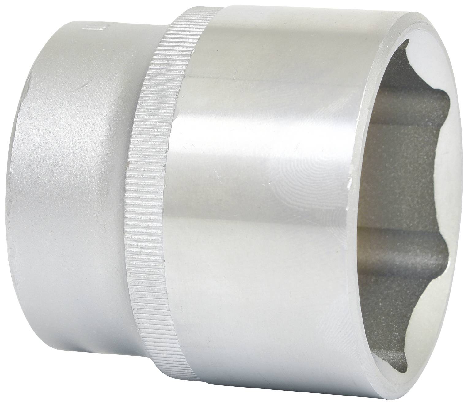 Silver socket extension with a knurled centre, large hexagonal opening, suitable for mechanical work.