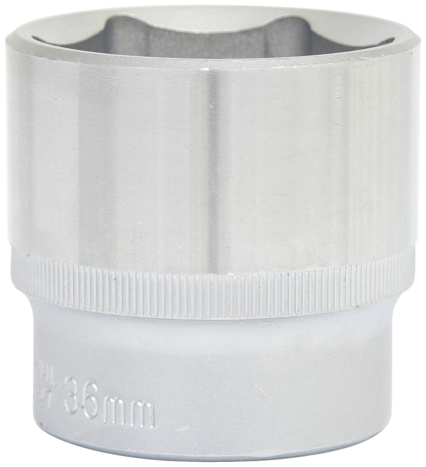 A silver socket extension with a size of 36 mm, cylindrical shape, smooth with a knurled edge for better grip.