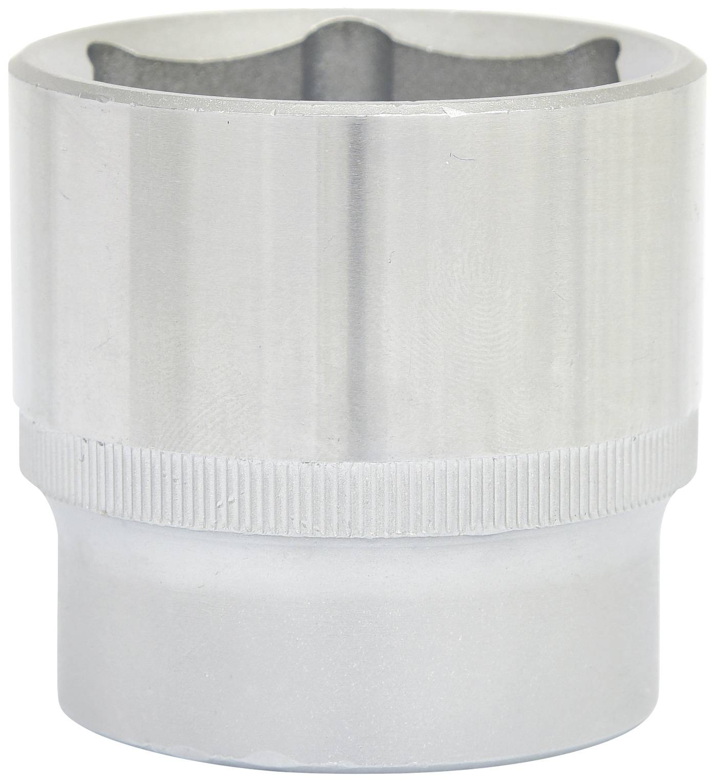 Metallic socket key attachment, cylindrically shaped, with ridged edge for better grip, used for screw-related tasks.