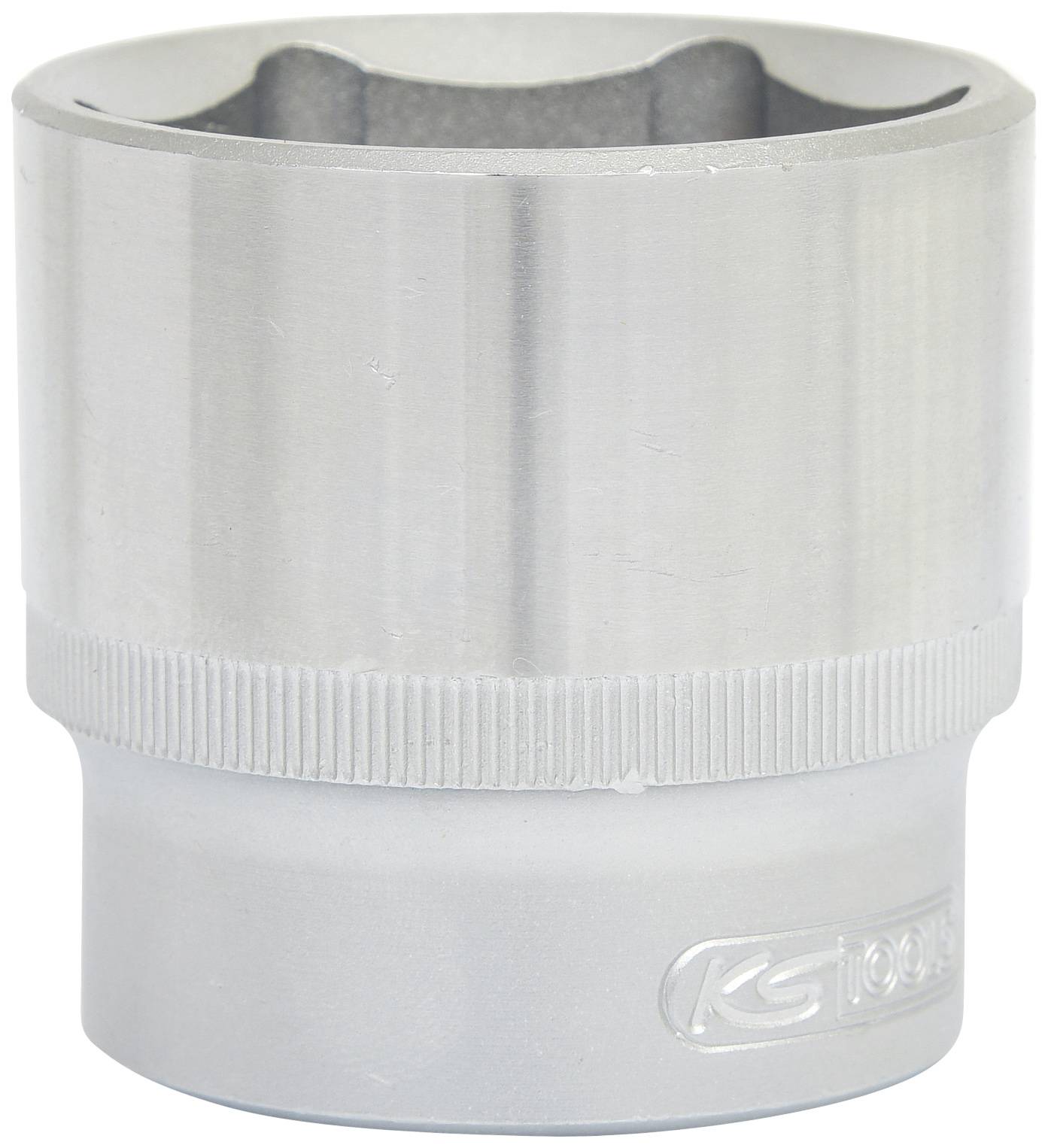 Chrome-plated metal socket with a round profile and a ridged central section.