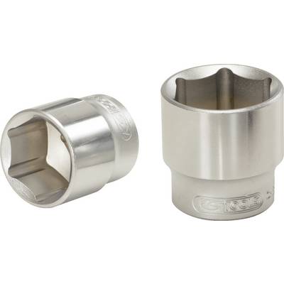 Two silver metal socket nuts, one lying down and the other standing upright, from a tool set for use with ratchets.