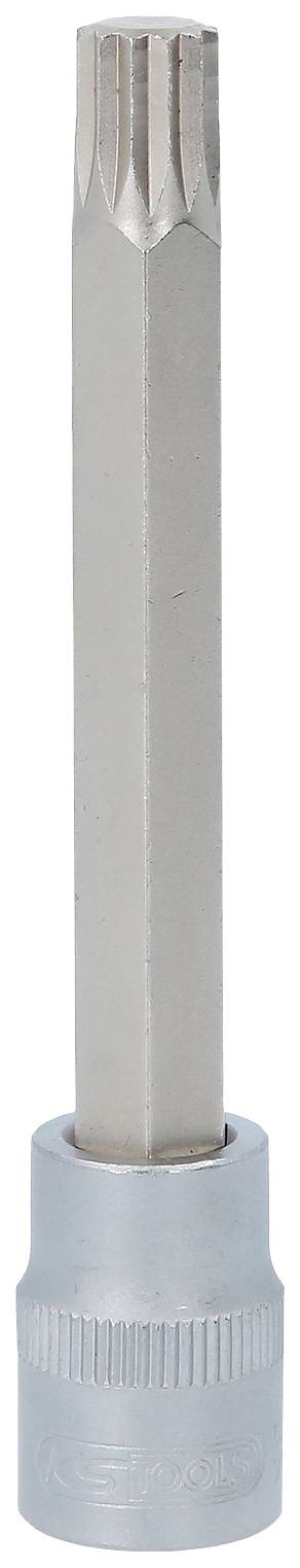 A silver-coloured multi-tooth bit with a long shank. Used for loosening or tightening screws with multi-tooth grooves.