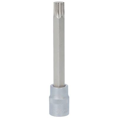 A silver-coloured multi-tooth bit with a long shank. Used for loosening or tightening screws with multi-tooth grooves.
