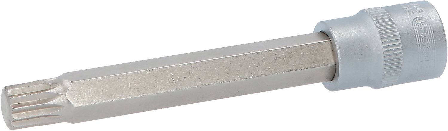 A silver multi-tooth key adapter with a hexagonal shaft and a blue hexagon socket; suitable for automotive repairs.