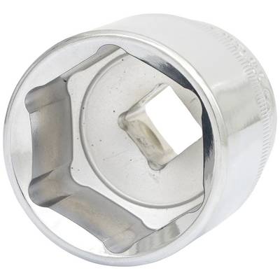 Metal hexagonal screwdriver socket attachment, showing open hexagonal side and square reverse side for mounting onto a tool.