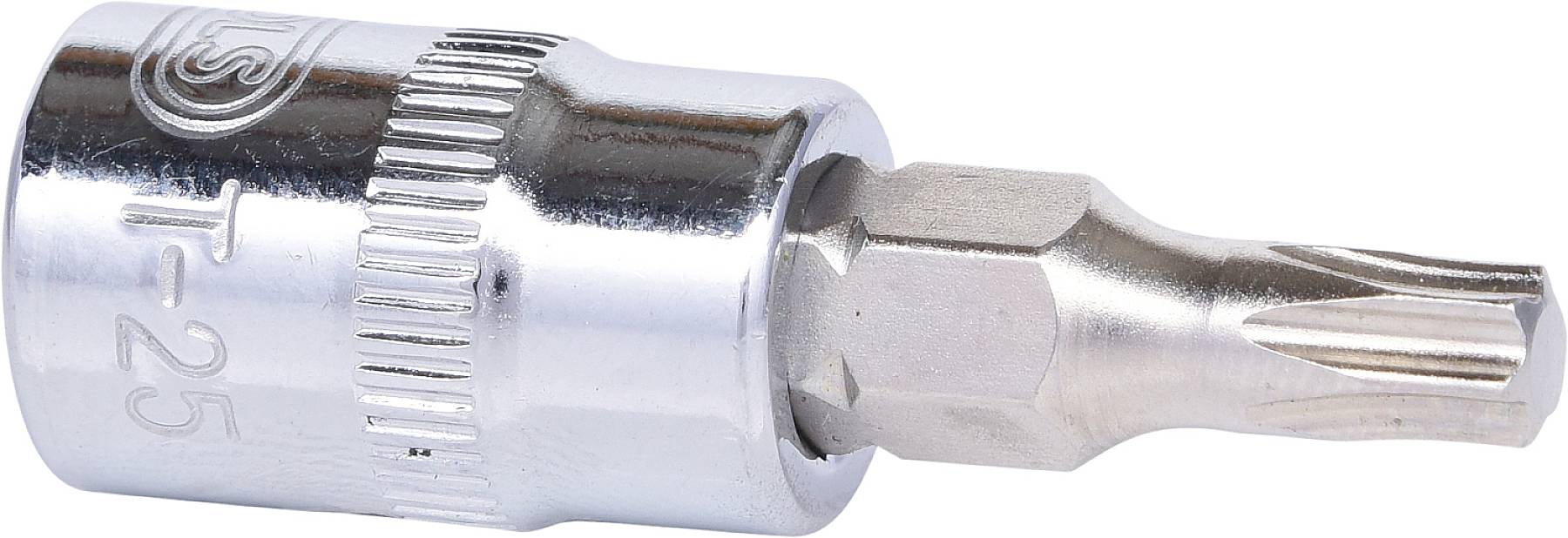 Metal Torx screw head bit, size T25, silver colour, with grooves for improved grip.