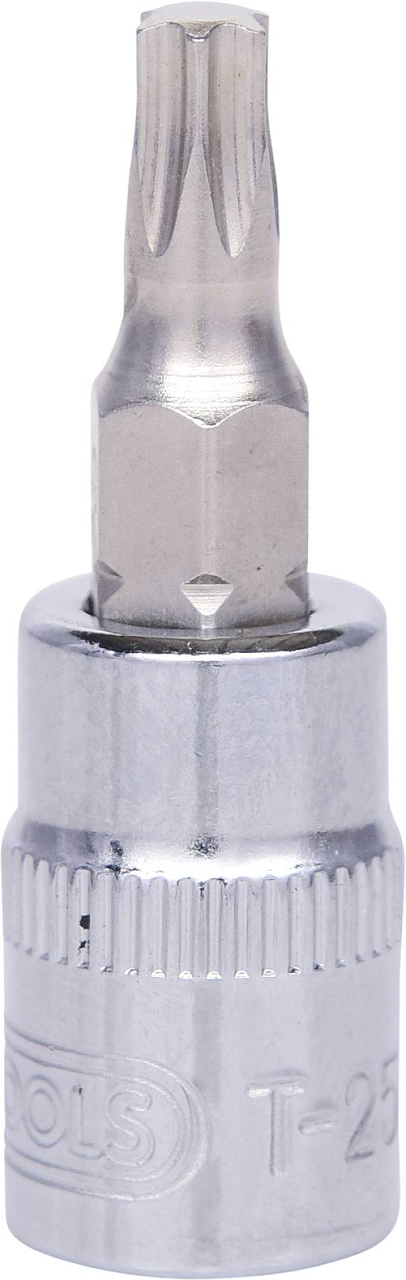 A metallic Torx bit T-25 with a six-pointed drive, mounted on a chrome-plated bit holder. Used for screw fastenings.