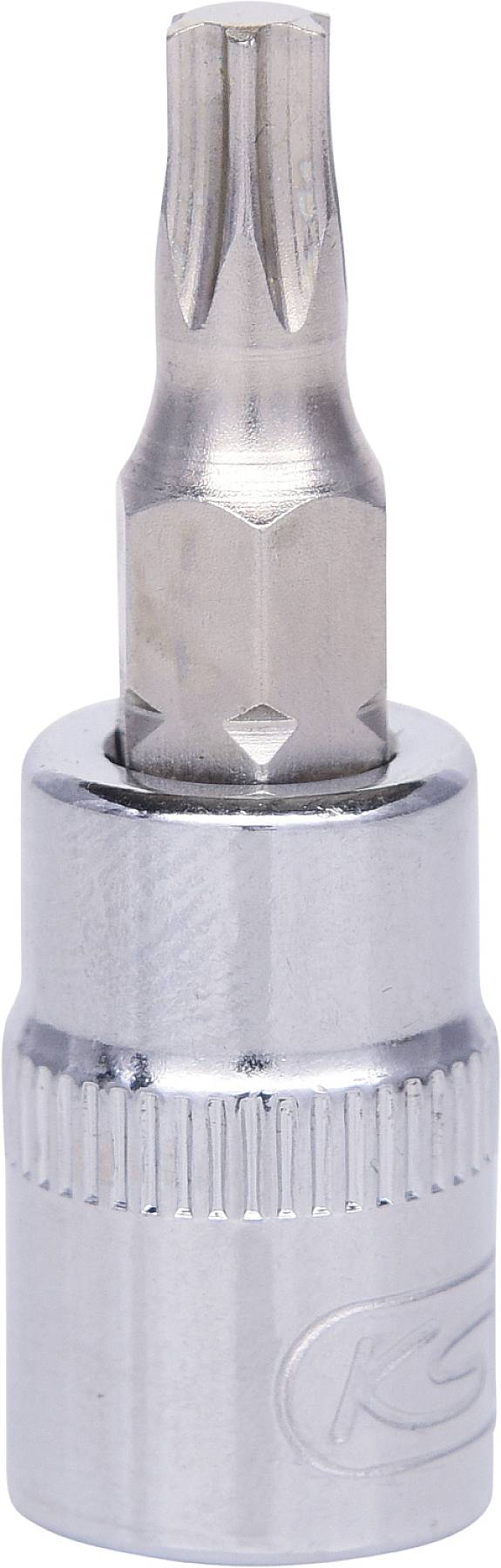 A silver Torx bit attachment, T20 size, with a knurled grip edge, used for screw-related work.
