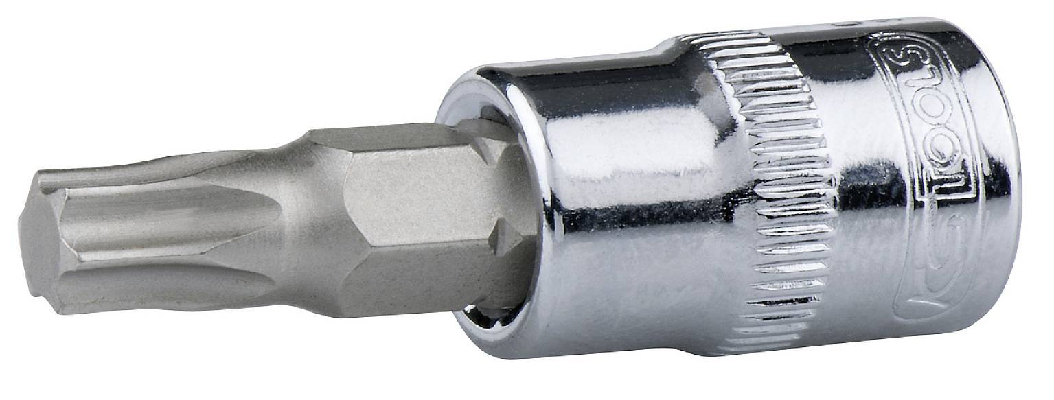 Hexagonal drive bit key, suitable for Torx screws. Manufactured from polished metal with a knurled grip.