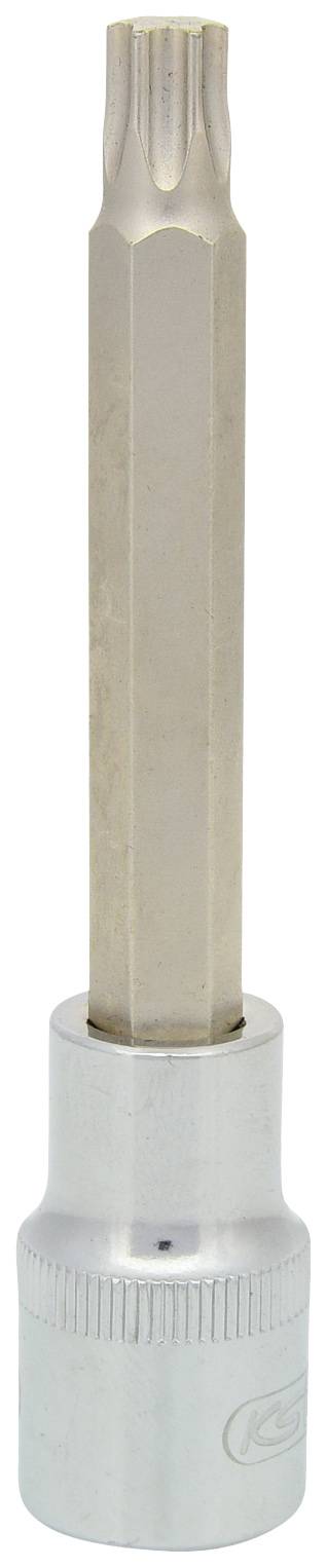 A bit socket with a star-shaped metal end, suitable for screw connections with a Torx profile.