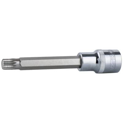 A bit screwdriver with a hexagonal screw head tip, made of metal, in a shiny silver holder, lies on a neutral surface.