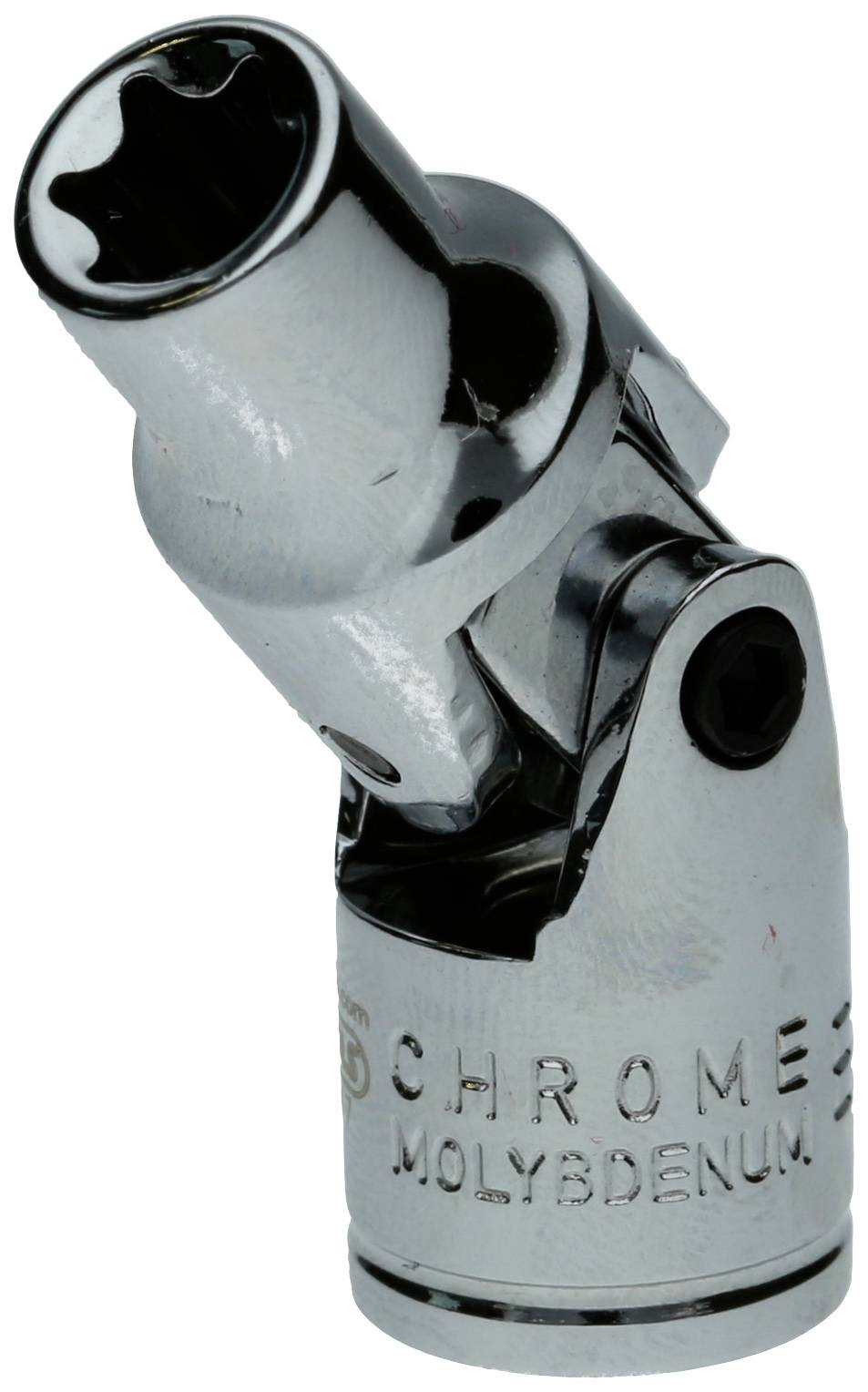 Socket extension with a joint made from chrome-molybdenum, silver-coloured, shows a movable connection piece for tools.