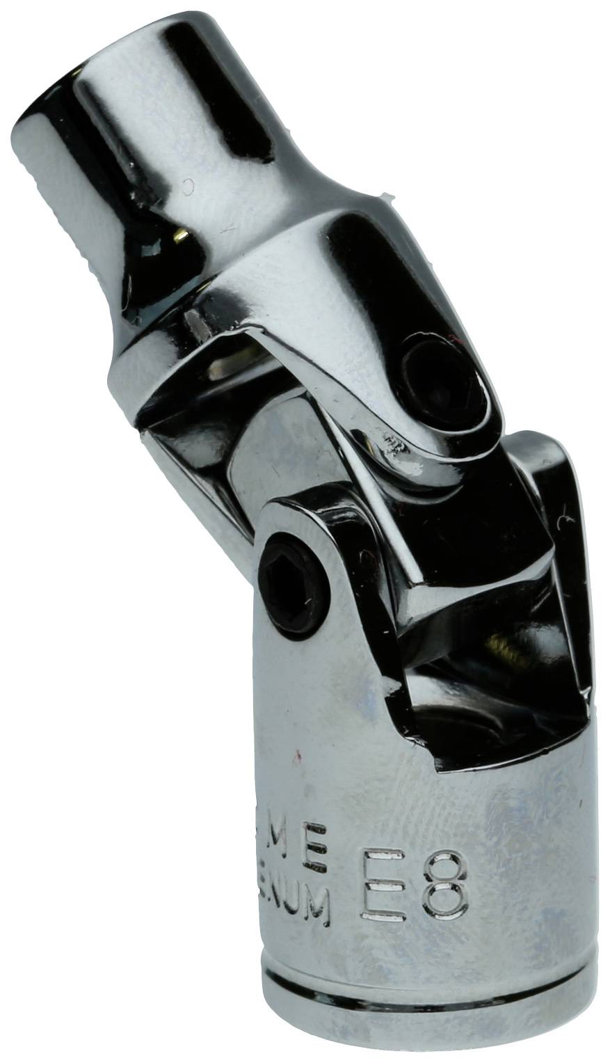 Metal universal joint for tools, glossy surface, hexagonal base with 'E8' engraving.