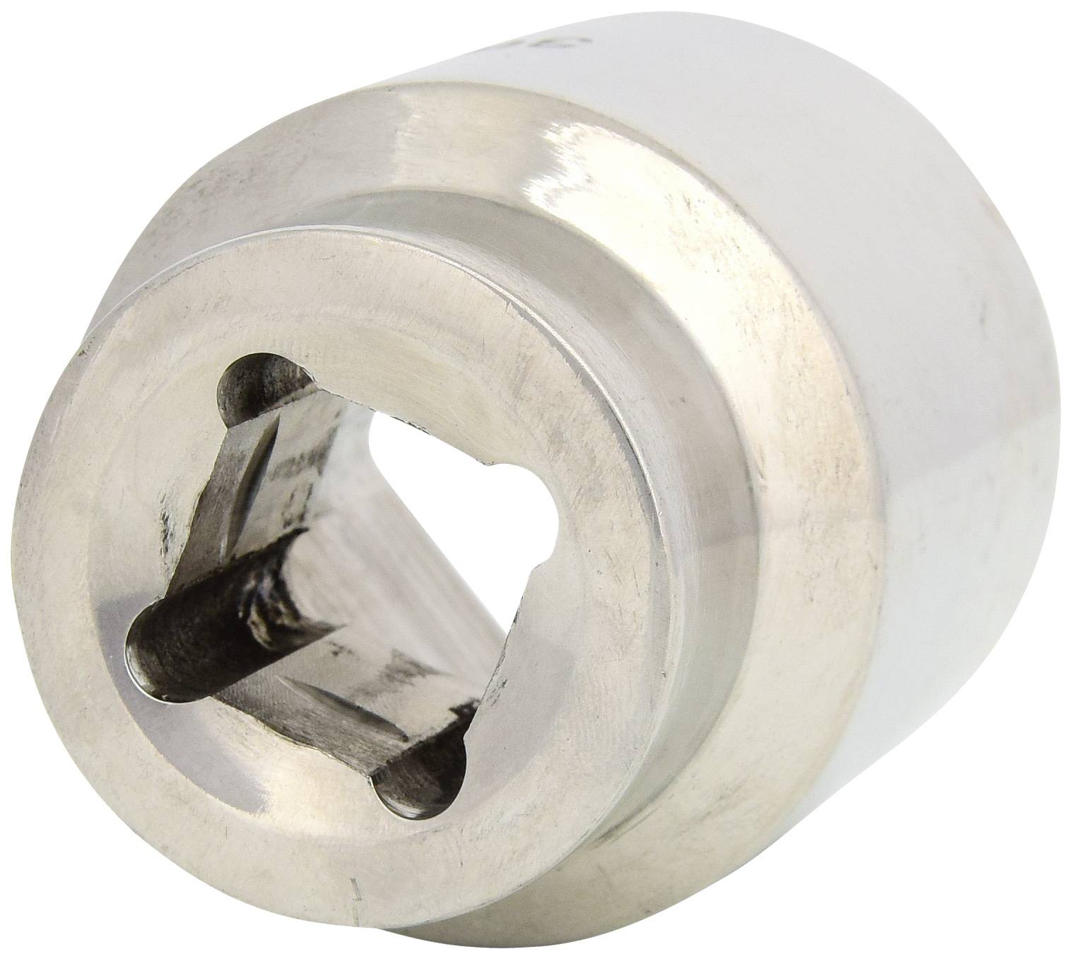 Silver metal adapter with a cross-shaped hole in the centre, used for mechanical connections or fastenings.