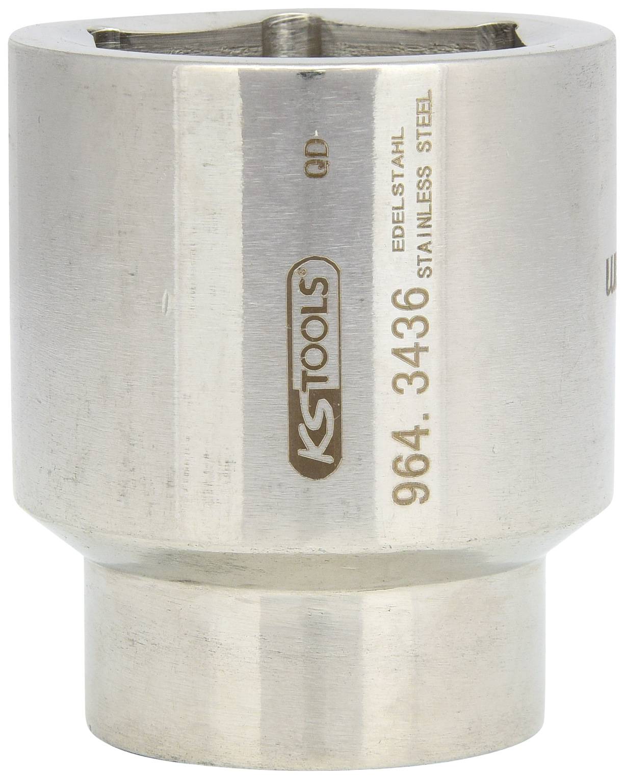 Pictured is a stainless steel nut by KS Tools, model number 964.3436, with an embossed size indication.