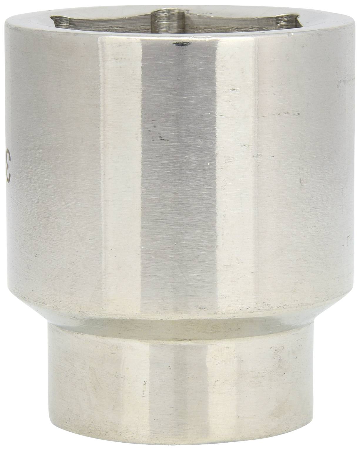 Chrome-plated hexagonal socket with a rounded external design, suitable for various screw-related tasks.