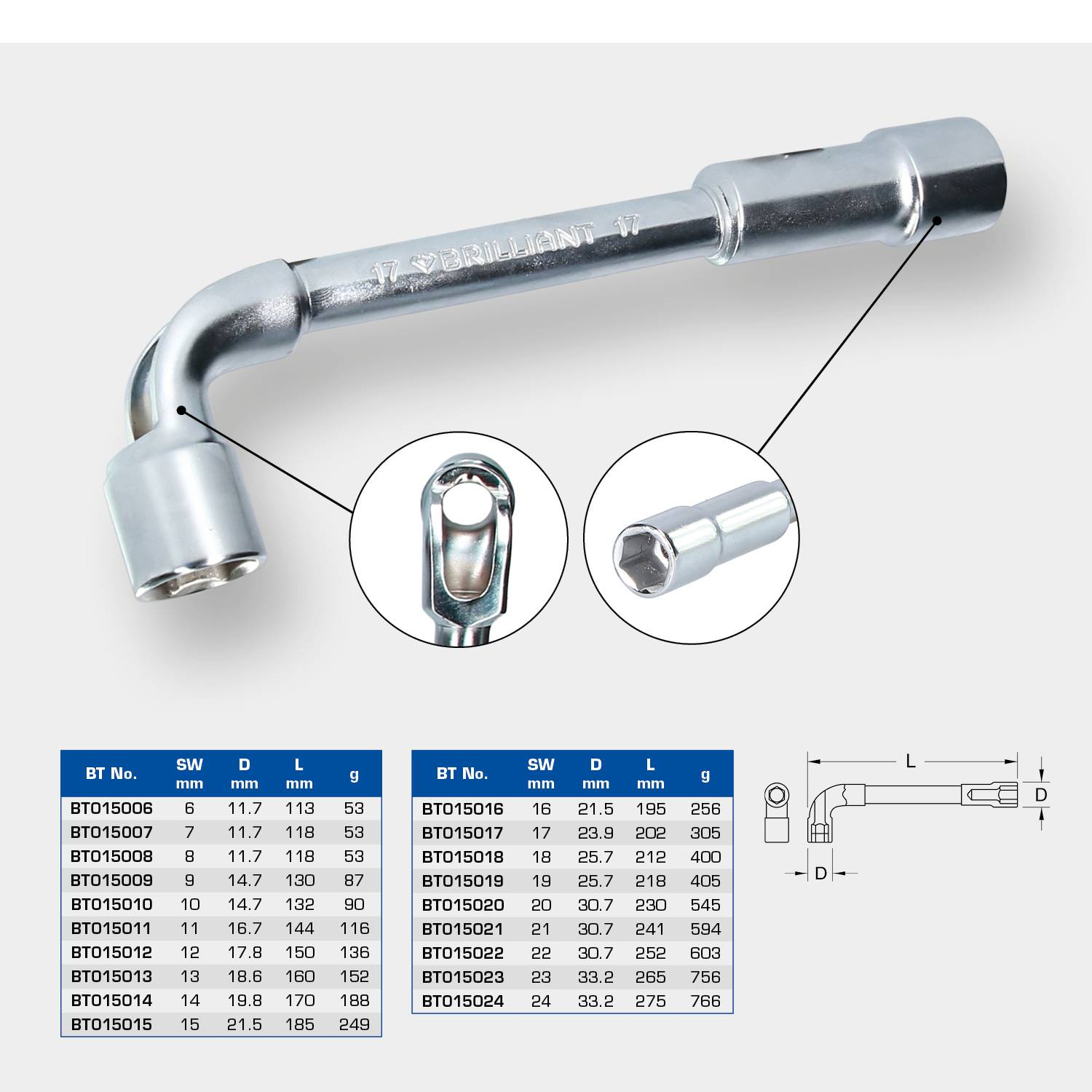 Double cardan universal joint with size specifications: Spanner size 7-21 mm, lengths 113-325 mm, weight 53-567 g. Functional details highlighted in the image.