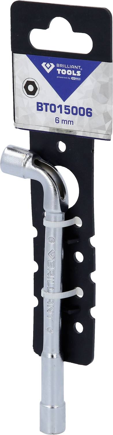 'Socket Spanner 6 mm BT015006' hanging on a black packaging, with a brilliant, chrome-plated finish.