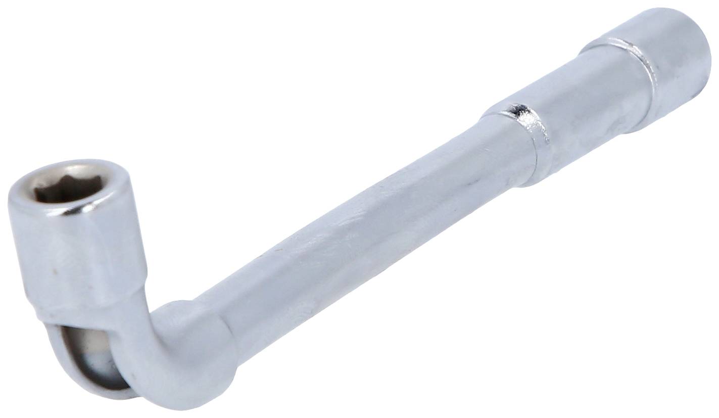 Silver ratchet ring spanner, L-shaped, for mechanical work.