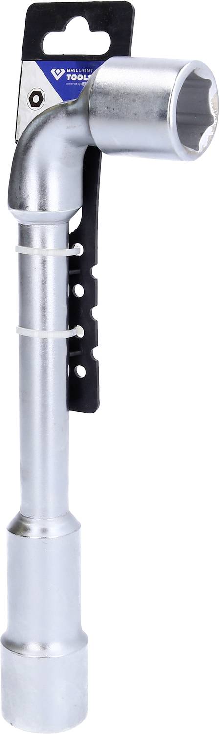 A silver-coloured socket wrench with a socket attachment at one end. Used for loosening or tightening nuts and bolts.