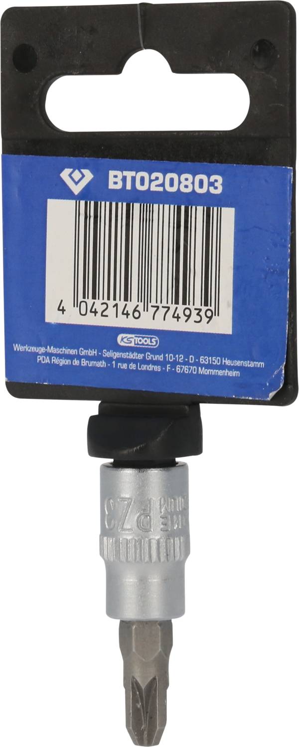 A screwdriver bit with a label containing an article number. Packaged in plastic with a printed barcode.