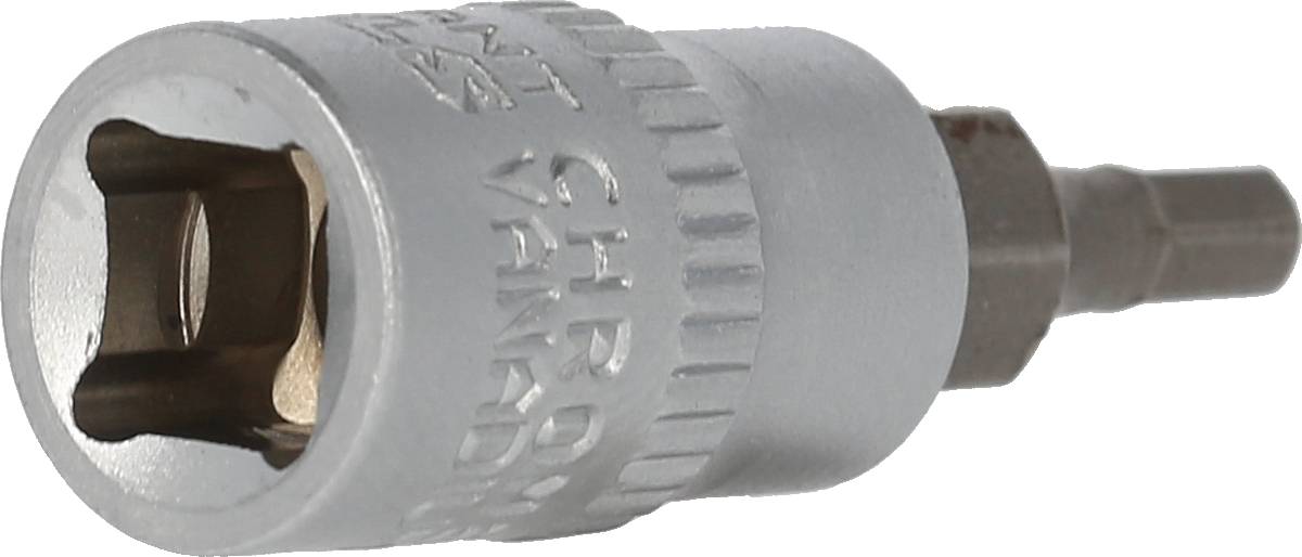 Bit socket adapter, silver-coloured, with hexagonal opening, suitable for screws and nuts.