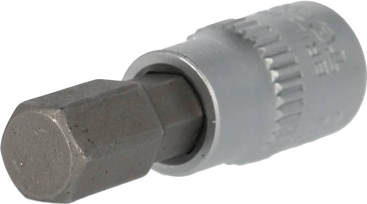 A grey metal Allen key bit attachment, primarily used for screw work, lies on a white background.