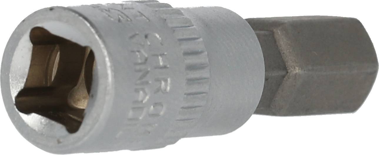 A silver hexagonal bit viewed from above, with a grey, knurled handle for improved grip.