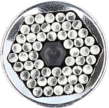 A close-up of a metallic connector with silver pins arranged symmetrically on a black background.