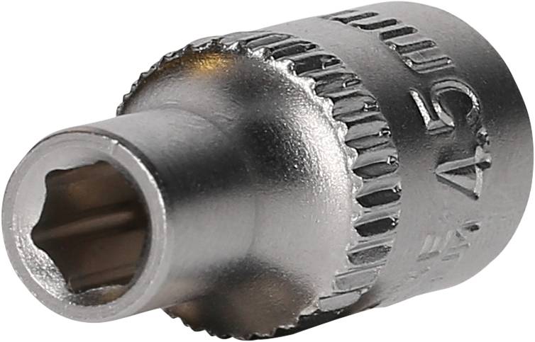 Metal socket with hexagonal opening, used for spanners or ratchets, size and type printed.