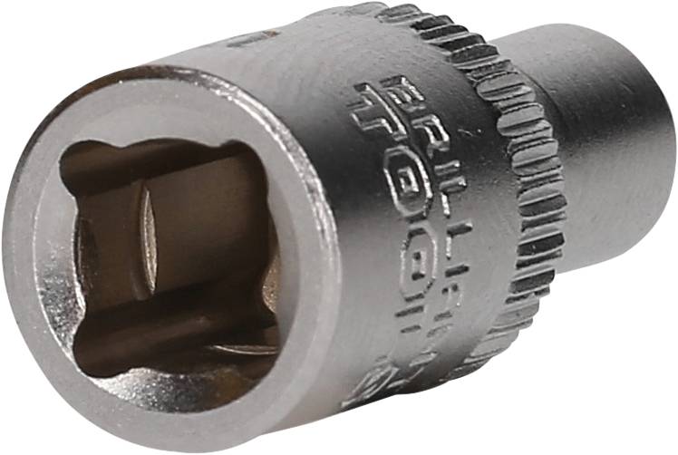 A silver socket extension with a hexagonal opening and knurled edge is lying on a white surface.