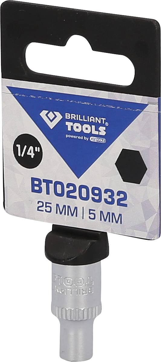 A drill by 'Brilliant Tools', model BT020932, size 25 mm and 5 mm, displayed in packaging with a hexagonal symbol.