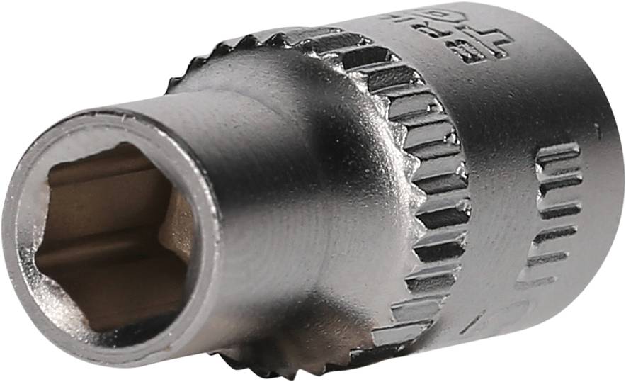 Metal hexagonal socket for ratchets, profile and size stamped on the surface.