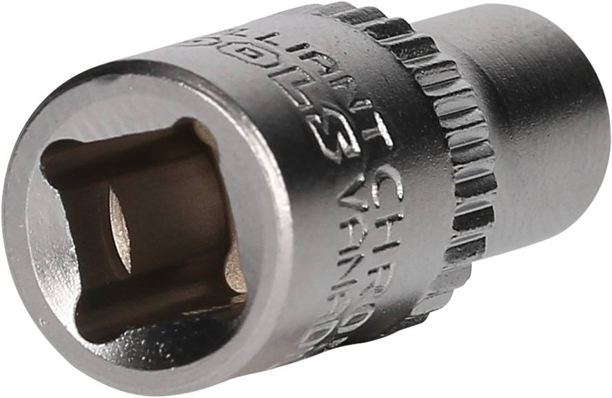 A silver socket key coupling adapter, typically a hand tool accessory, lies sideways and shows the internal thread.