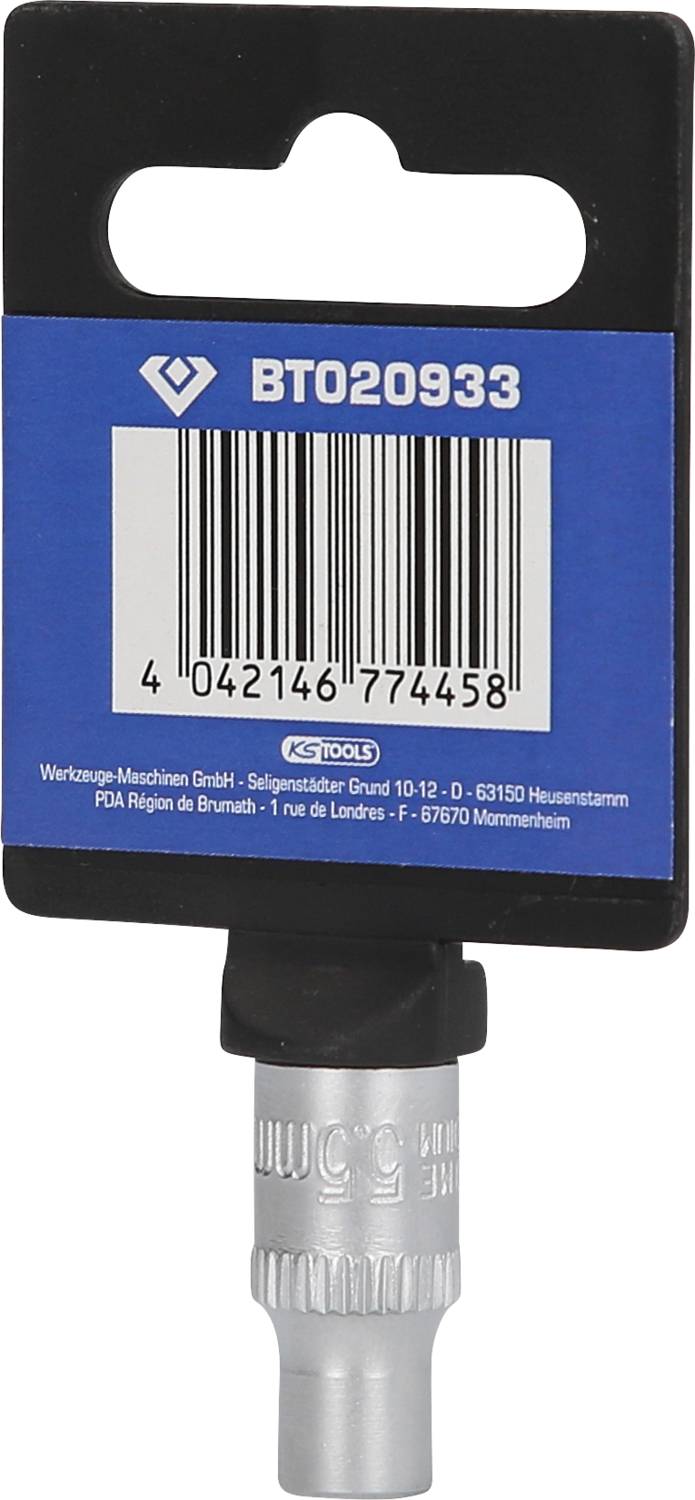 'BT020933' Label on tool packaging, displays barcode and manufacturer information for a tool bit by KS Tools.