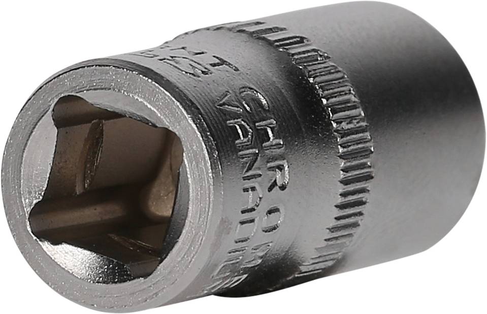 Close-up of a metallic socket, cylindrical in shape with a hexagonal internal surface, with the text 'CHROME VANADIUM' visible.