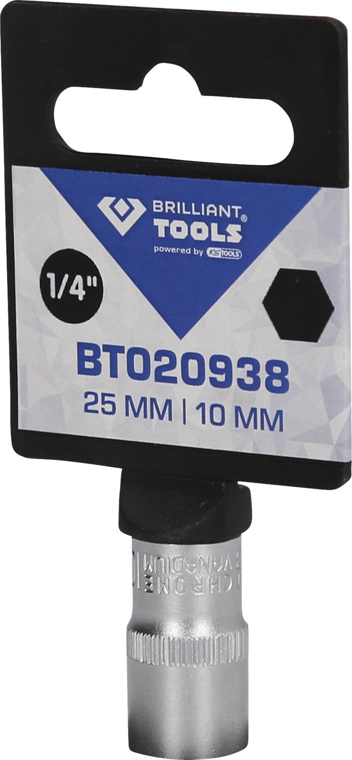 Socket adaptor by Brilliant Tools, reference number 'BT020938'. Connection size 1/4 inch, length 25 mm, spanner size 10 mm.