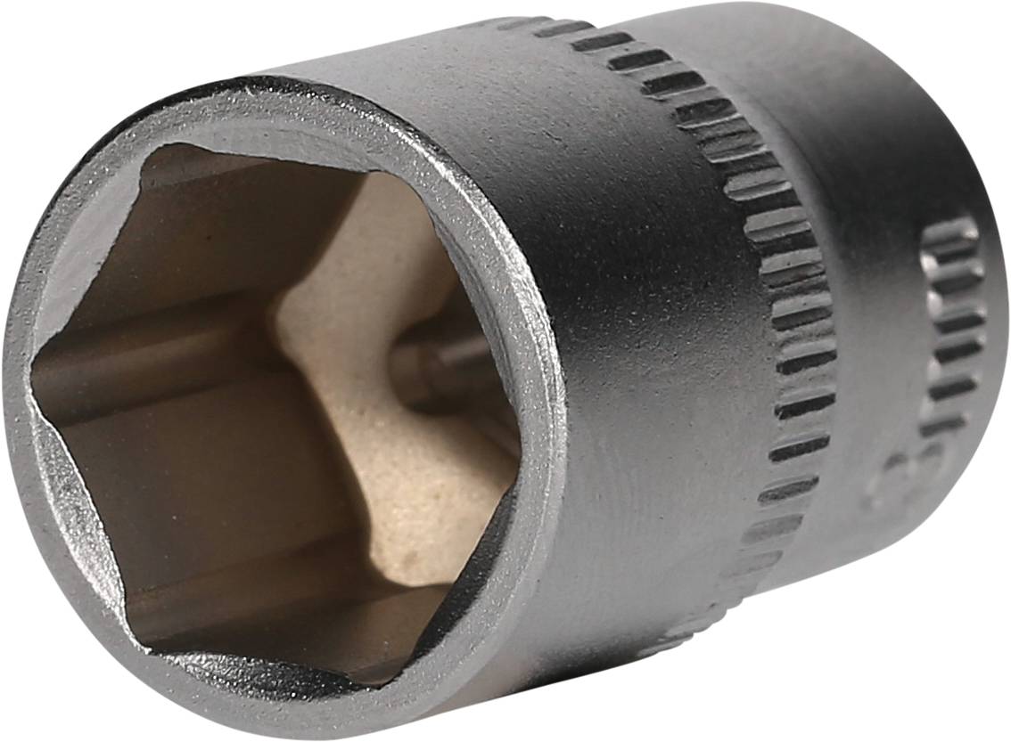 A silver hexagonal metal socket spanner, shown from the side, with a knurled edge for improved grip when in use.