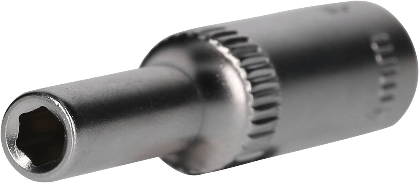 A metal socket insert with a hexagonal opening, suitable for loosening or tightening nuts or bolts.