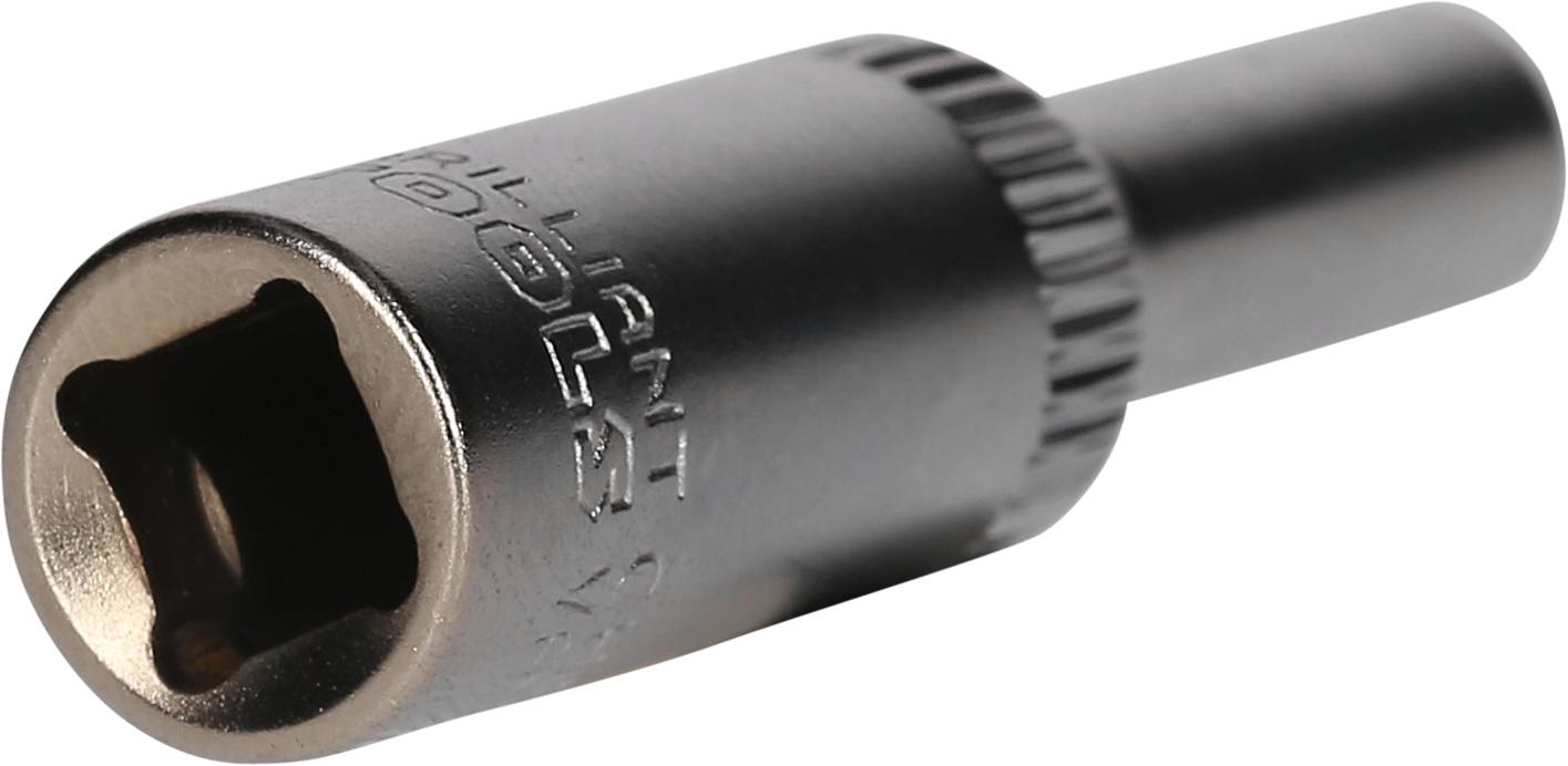 Silver 10 mm socket from Brilliant Tools, with square opening and circular extension for attaching to a tool.