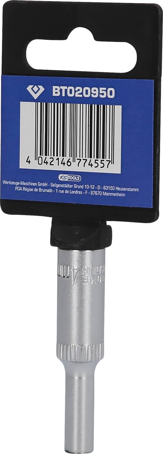 A bit attachment with fastening on a blue card with barcode and product number BT020950. Manufacturer information on the card.