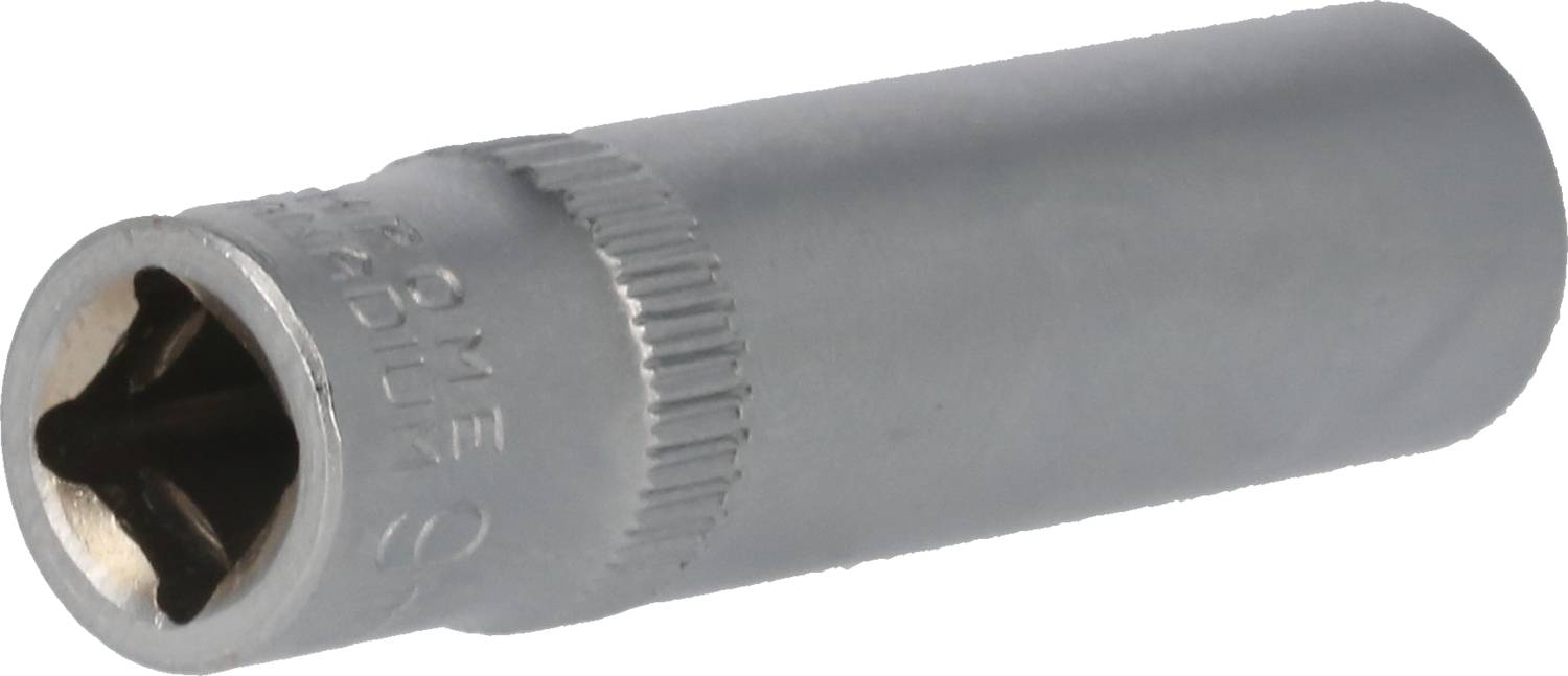 A hexagonal nut with a matte grey finish, lying horizontally.