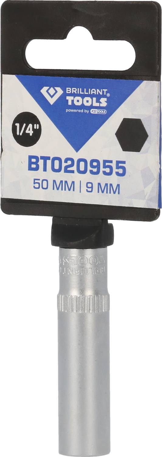 Metallic key socket with packaging. Label shows 'BT020955', size '50 MM | 9 MM', and a 'Brilliant Tools' logo.