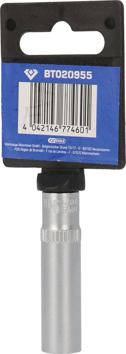 'Silver metallic tool with a black handle, at the tip of which is hanging a package with a barcode and article number BT020955.'