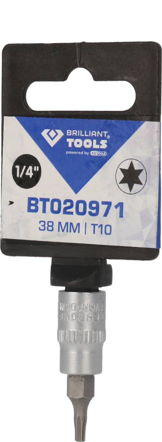 A silver screwdriver bit labelled 'BT020971', size 38 mm, T10, by the brand Brilliant Tools.