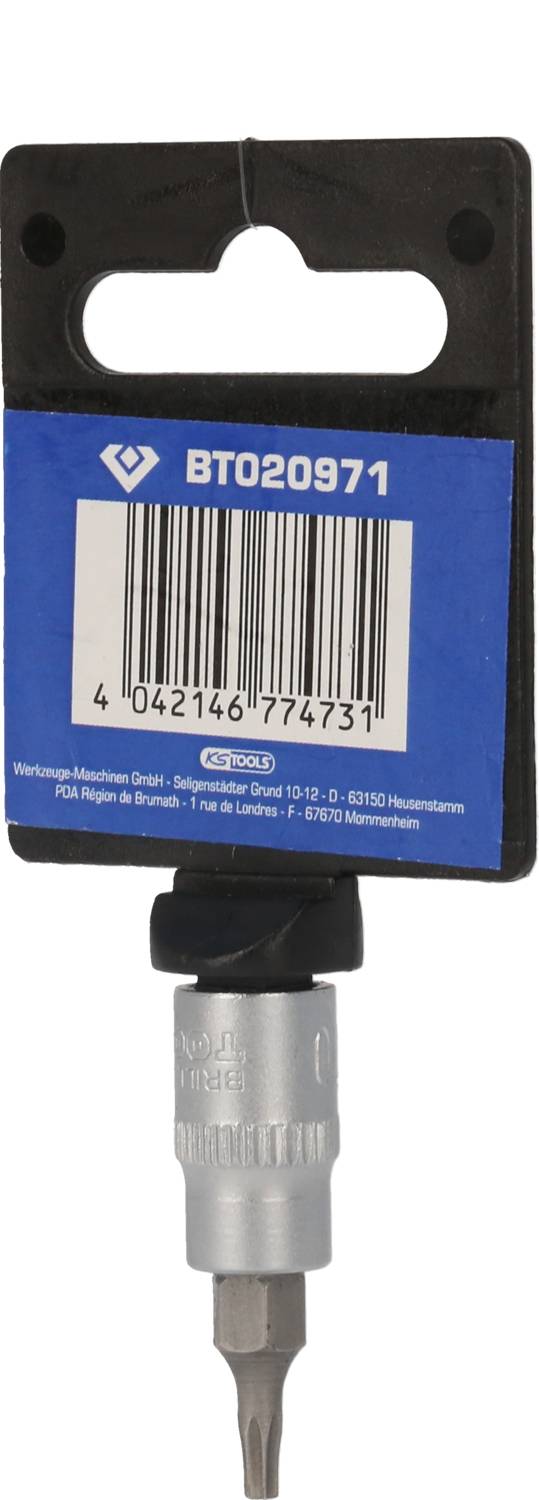 A screwdriver bit with a barcode and the number 'BT020971' on a blue packaging. A black hanger at the top.
