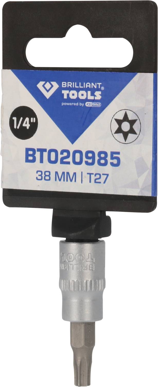 Packaging of a T27 Torx bit by 'Brilliant Tools', size: 1/4", length: 38 mm.